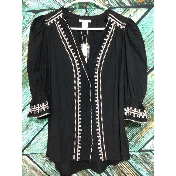 NWT ESLEY Bohemian Boho Top Black With White Embroidery Size Small - Picture 7 of 10